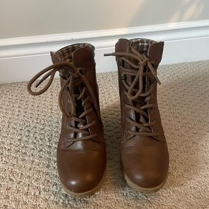 Lightly used faux brown leather lace up wedge booties size 6.5